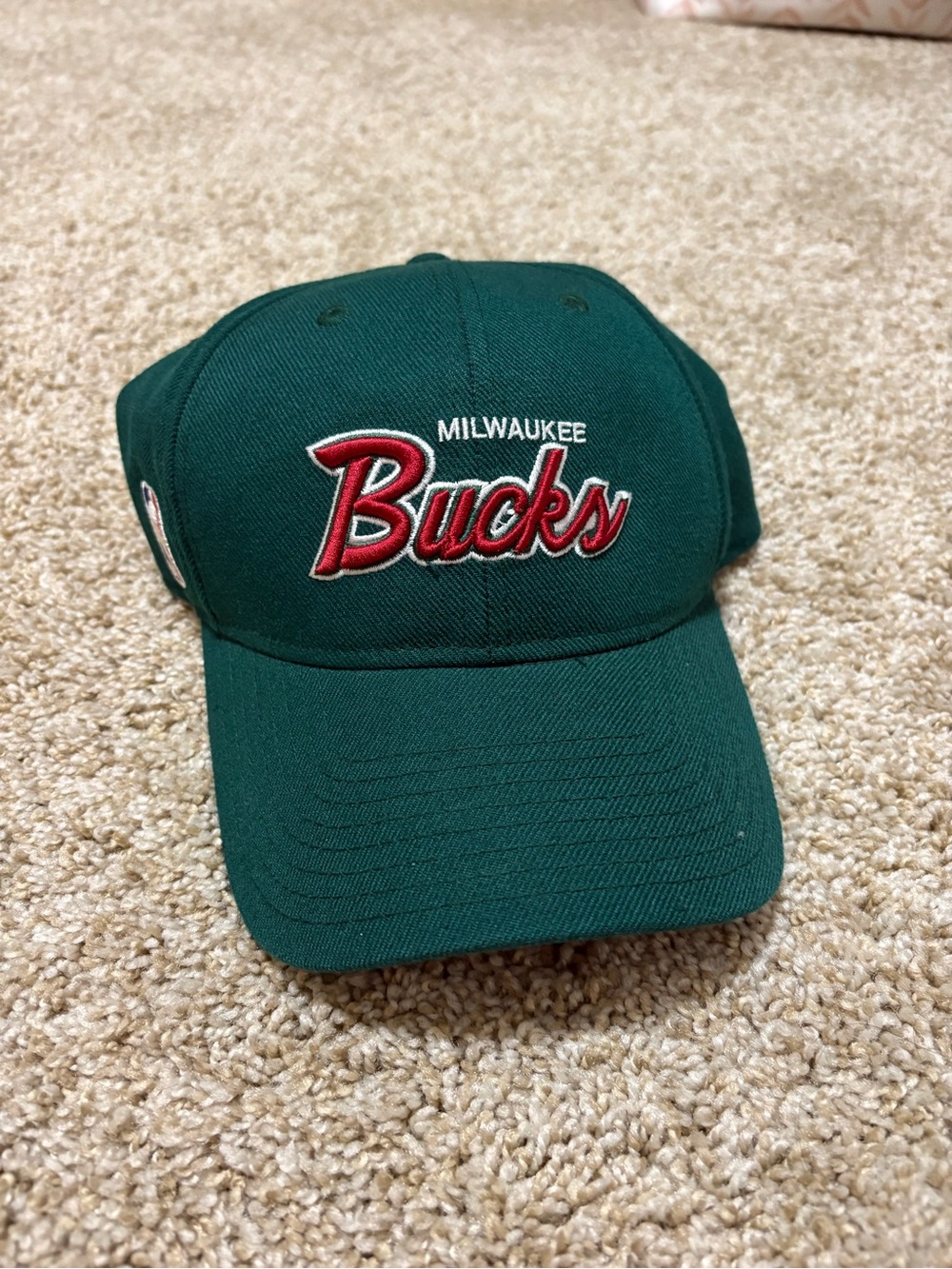 adidas Milwaukee Bucks Green Baseball Cap with Red Script